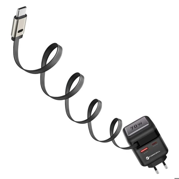 Lader - FORCELL - 70W GaN III - USB-C og USB-A - Sammenfoldeligt Kabel - Sort Svart