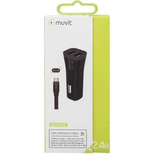 MUVIT TAB 2USB billaddarepaket + 2,4A USB/micro-USB-kabel - 1m - Svart