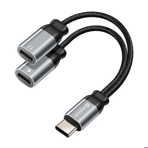 Ljud- och USB-C-laddningsadapter - Swissten - 2-i-1 - Flätad kabel - Anti-knut - 12 cm