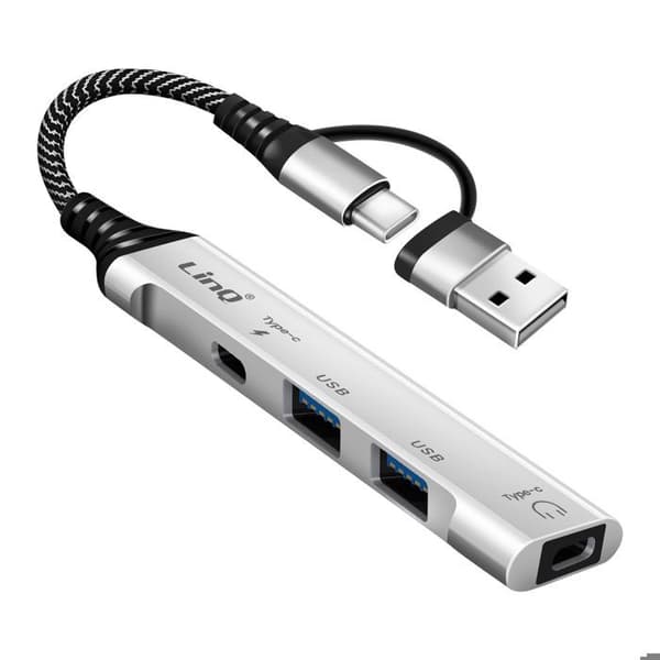 USB-C-hubb 4-i-1 med 2x USB 2.0 och 2x USB-C ljud och synkronisering LinQ Grå