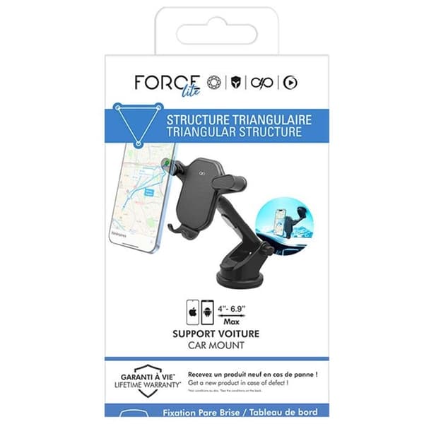 Stöd för bil - FORCE POWER - Vindruta/Instrumentbräda - Justerbart stöd - 360° rotation - Ekodesignad Svart