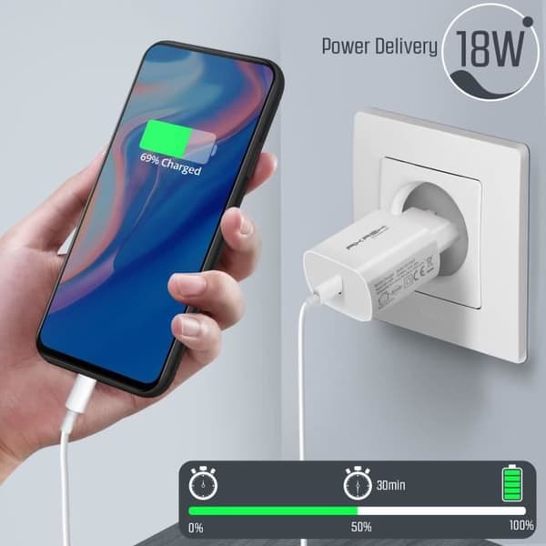 USB-C Vägadapter - AKASHI - 18W - Snabbladdning - Överhettningsskydd - Vit Vit