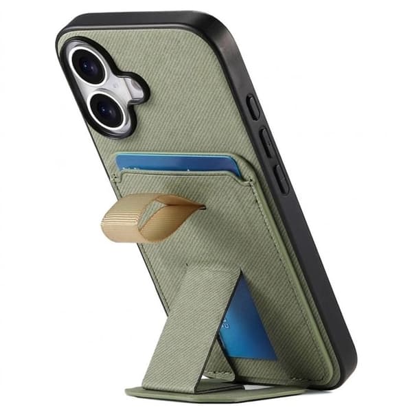 iPhone 17 Fodral med Tyg Effekt och Stöd samt Kortfack Grön Grön