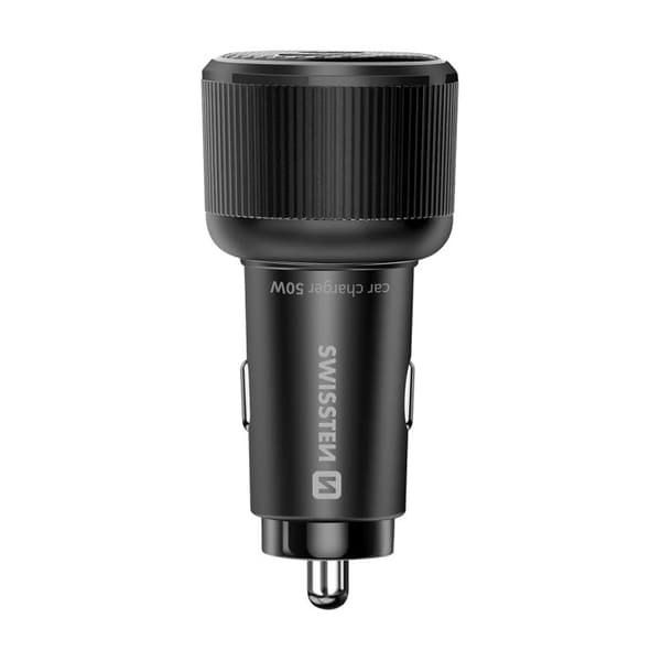Biloplader - SWISSTEN - Hurtig opladning 50W - 2x USB-C - Power Delivery - Sort Svart
