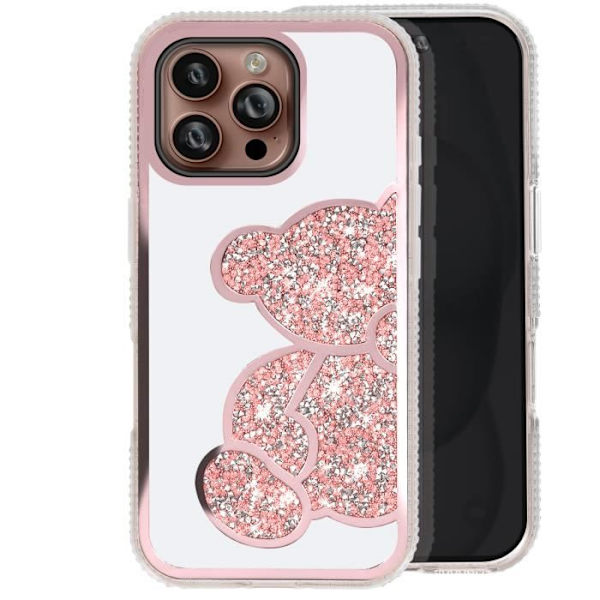 iPhone 16 Pro Max -kotelo - AVIZAR - Kimaltava nallekuvio - Kiiltävä tekojalokivi ääriviiva - vaaleanpunainen Rosa