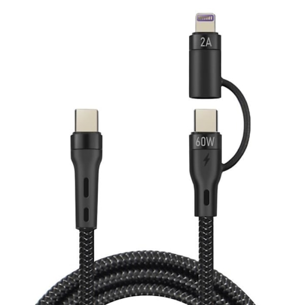 USB-C-kaapeli - FOREVER - 60 W - Punottua nailonia - 1 m - USB-C- ja Lightning-yhteensopiva Svart