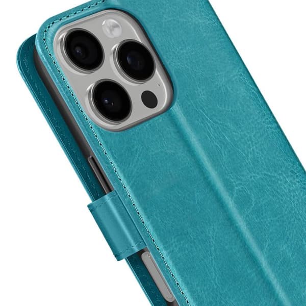 iPhone 16 Pro Plånboksfodral - Mayaxess - Turquoise - Ekoskinn - Avtagbar handled - Videostöd Blå