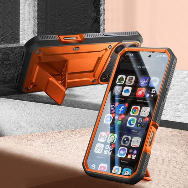 Helskal - SUPCASE - iPhone 17 Pro Max - Skydd 6m - Inbyggd Ställning - Halkfri Apelsin