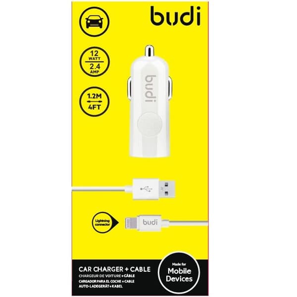 Budi - 1 USB-auton laturi LED-indikaattorilla + Lightning-kaapeli