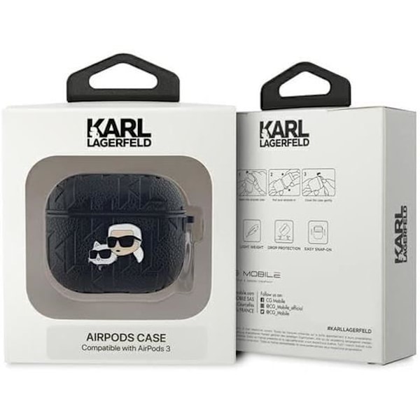 Coque AirPods 3 - Karl Lagerfeld - Monogram Karl & Choupette - Øko-læder - Sort - Hård Svart