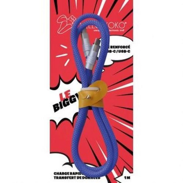 Vahvistettu USB C / USB C -kaapeli Biggy Malli 1m Käännettävä liitin YELLO KOKO Sininen