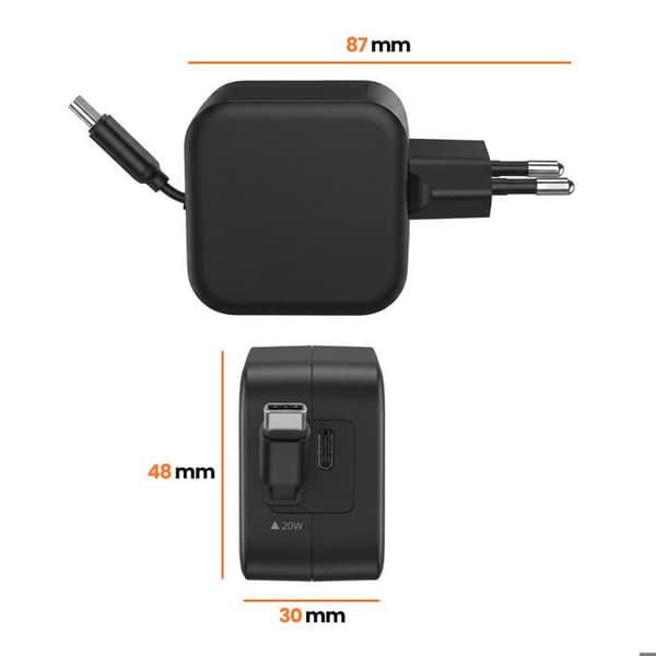 USB-C 20W Lommeoplader med Retractable Kabel og USB-C Port LinQ Sort Svart