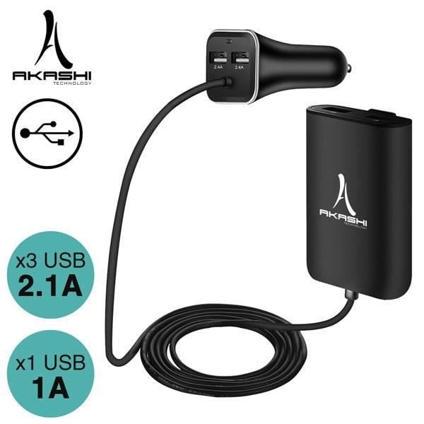Biloplader - Akashi - Udvidelig HUB - 7.3A - 4 USB-porte - Sort Svart