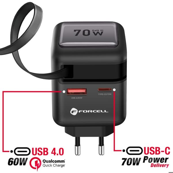 Lader - FORCELL - 70W GaN III - USB-C og USB-A - Sammenfoldeligt Kabel - Sort Svart