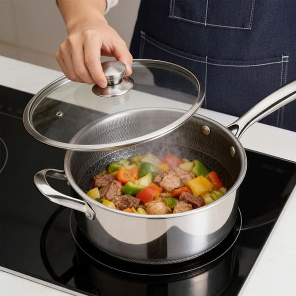Casserole 24 cm - CHEFFINGER - Non-stick - Rustfrit stål 18/10 - Glaslåg - Induktionskompatibel Grå