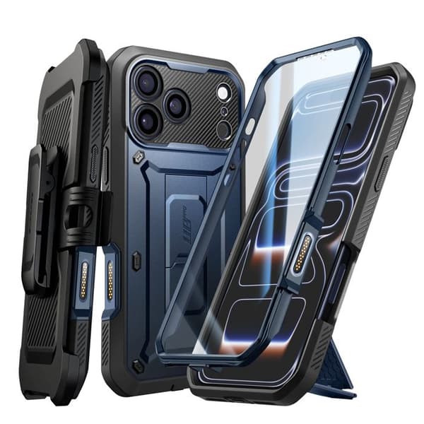 Fuldt dæksel - SUPCASE - iPhone 17 Pro Max - Fuld beskyttelse - Indbygget kickstand - Mørkeblå Blå