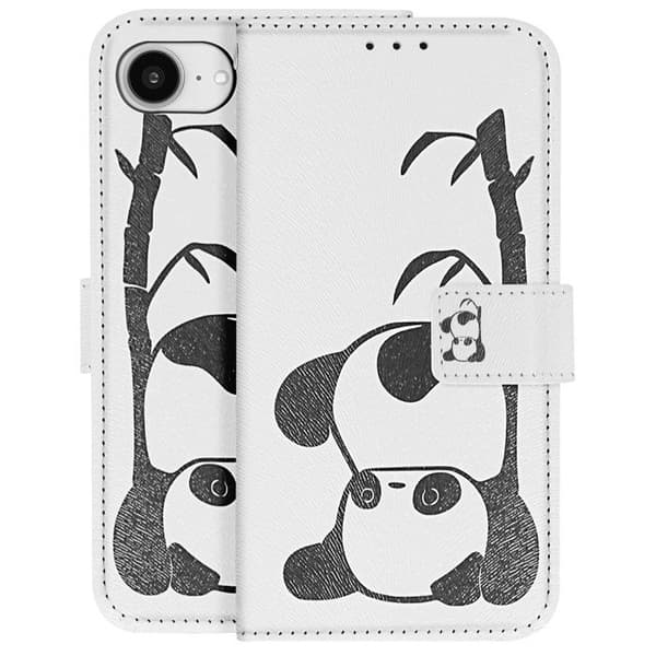 Pungetui til iPhone 17 med Panda-mønster, med støtte og håndledsrem i hvid / sort Vit
