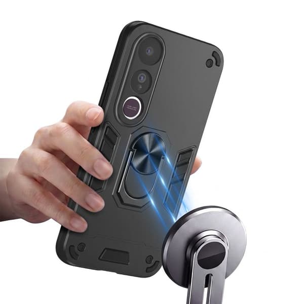 Stødabsorberende cover til Vivo V50 Lite med roterende ring og sort støtte Svart