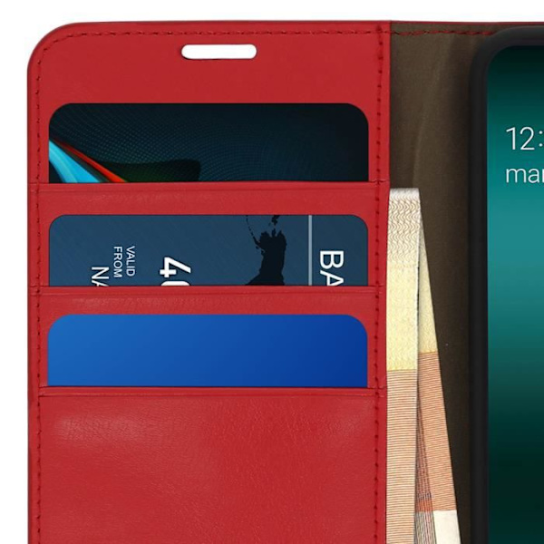 Etui til Samsung Galaxy A50 - Folio Cover - Ægte læder - Rød - Video støtte - Kortholder compartementer Röd