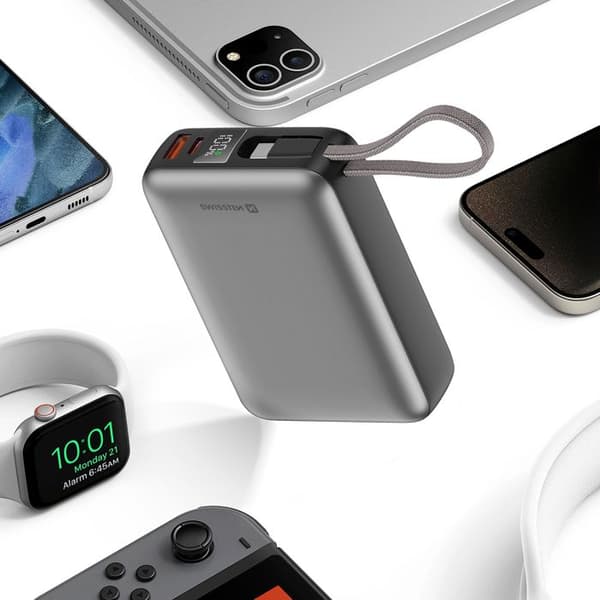 Externbatteri - SWISSTEN - 20000mAh - 45W - Inbyggd USB-C-kabel - Silver Grå