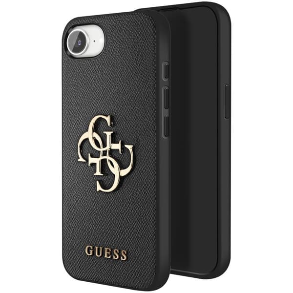 Coque til iPhone 16e Simili læder Saffiano med stort 4G Guess-logo i sort Svart