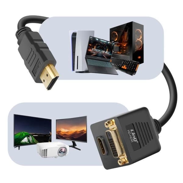 Videoadapter - LinQ - HDMI Han til DVI-D Hun og HDMI Hun - 1080p - Dobbelt output - Kompakt