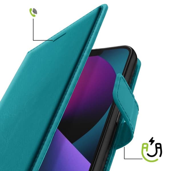 Plånboksfodral för iPhone 13 med videostöd och handledsrem Mayaxess Turkos Blå