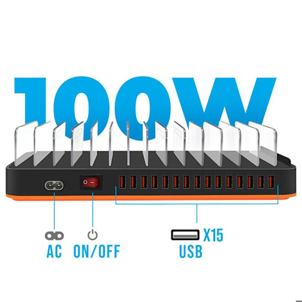 100W Latausasema 15 USB-porttia 3.5A Tuki ja Tuuletin Musta