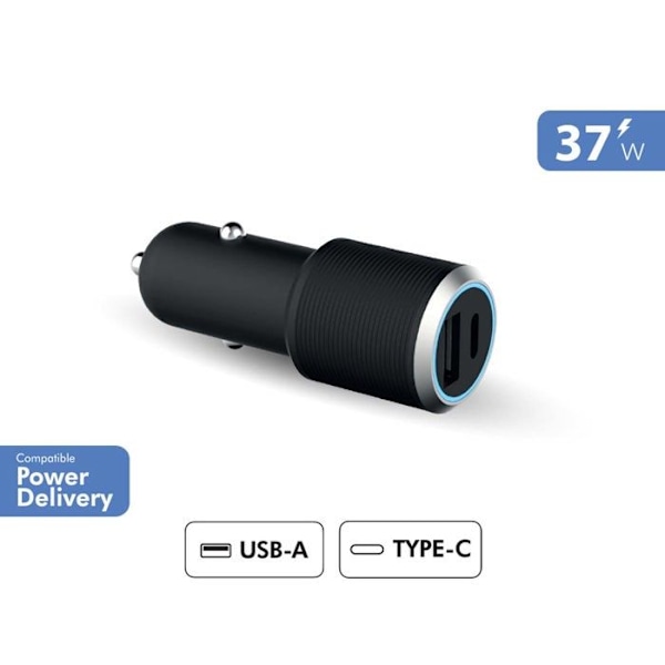 Biloplader - Force Power Lite - Dobbeltoplader 37W - USB C 25W - USB A 12W - Hurtigopladning Svart