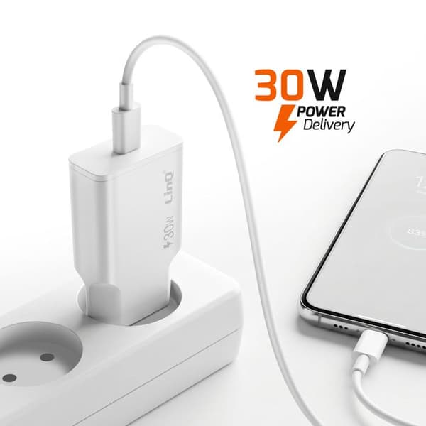 Extra platt väggladdare med USB-C Power Delivery 30W LinQ Vit Vit