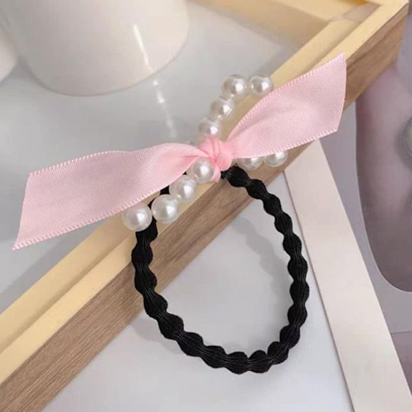 Satin Perle Subtil Rosa Hår Elastik med Sløjfe Ros