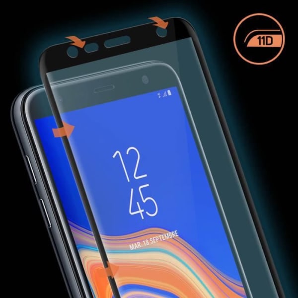 Film Galaxy J6 Plus Skydd Härdat glas 9H Fasade kanter 11D Svart Svart