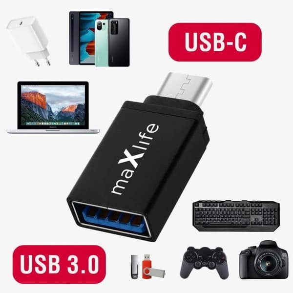 Maxlife Erittäin pienikokoinen USB-A-naaras-USB-C-urossovitin, musta