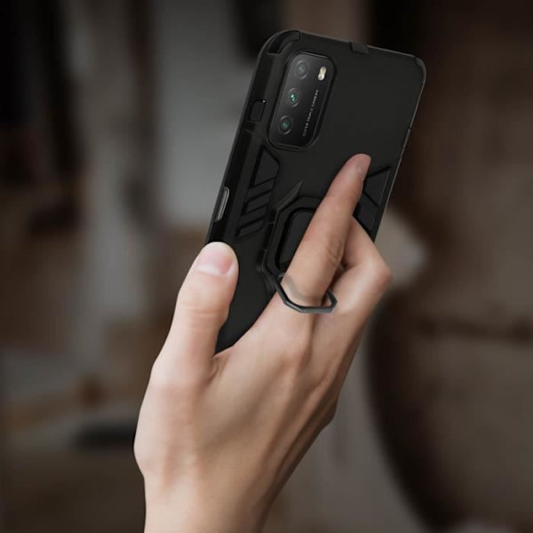 Coque - Xiaomi - Poco M3 / Redmi 9T - Antichock - Metallring - Videostöd Svart