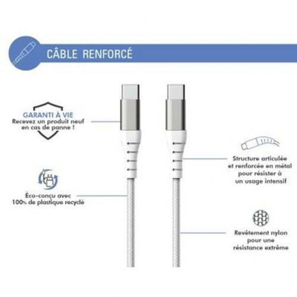 USB C/USB C Forstærket Kabel 3m - 3A Force Power Hvid