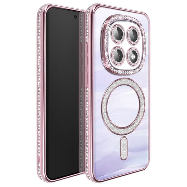 Cover til Redmi Note 15 Kompatibel med MagSafe med Rosa Rhinestone Kant Ros