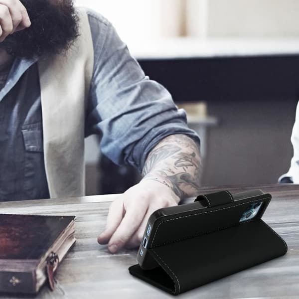 Cover - AVIZAR - iPhone 12 Pro Max - Øko-læder - Støttefunktion - Fuld beskyttelse Svart