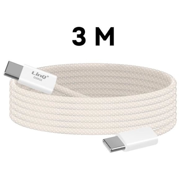 USB-C till USB-C-kabel - LinQ - 60W - 3 meter - Laddning och synkronisering - Flätad nylon Vit