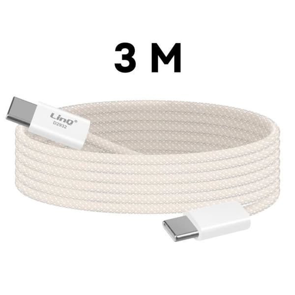 USB-C till USB-C-kabel - LinQ - 60W - 3 meter - Snabbladdning - Flätad nylon - Hållbar