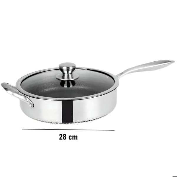 Hårdbottenpanna 28 cm - CHEFFINGER - Rostfritt Stål - Bikakebeläggning - Glaslock Grå
