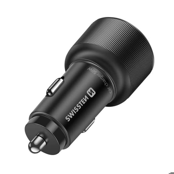 Biloplader - SWISSTEN - Hurtig opladning 50W - 2x USB-C - Power Delivery - Sort Svart