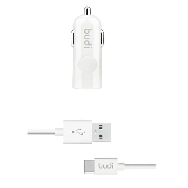 USB biloplader - Budi - Model med LED indikator - USB Type-C kabel - 5V 2,4A - Hvid Hvid