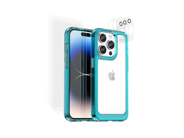 Cover til iPhone 14 Pro - AVIZAR - Stødabsorberende - 360° Beskyttelse - 6 Tempered Glas - Lyseblå Blå