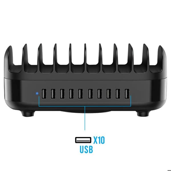 Ladestation 120W 10 USB-porte Stillevif EU-kabel Sort
