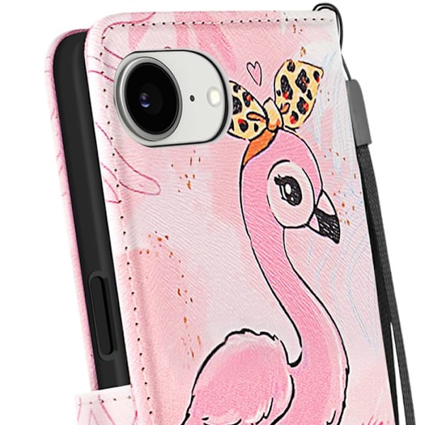 iPhone 16:lle suunniteltu flamingokuviollinen kuori, jossa on hihna ja vaaleanpunainen korttitasku Rosa