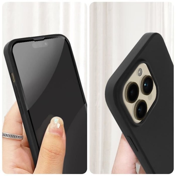 iPhone 14 Pro -kotelo, musta pehmeä geelisilikoni ja 9H karkaistu lasi, musta ääriviiva