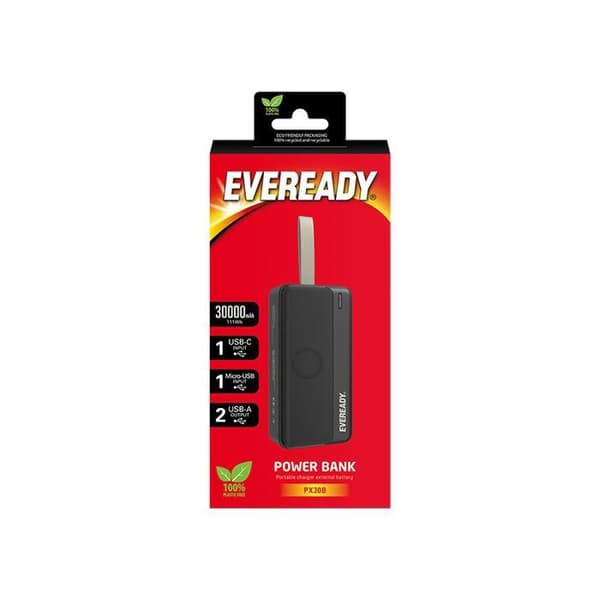 Ekstern batteri - EVEREADY - PX30B - 30000 mAh - Lithium-polymer - 2 USB-A udgange sort
