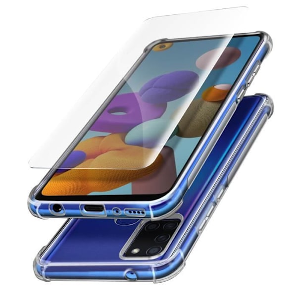 Suojapakkaus - AVIZAR - Samsung Galaxy A21s - Pehmeä kuori - Liimapinnoitettu lasi - 360° suojaus Transparent