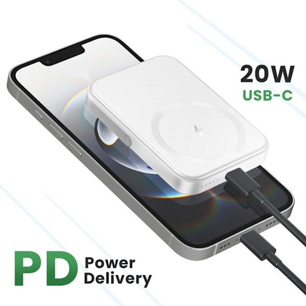 Batteri Externt MagSafe 5000 mAh Fällbart Stöd med USB C-port 20W Akashi Vit Vit