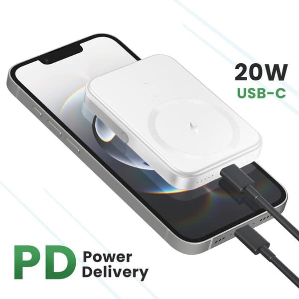 Externbatteri - AKASHI - MagSafe 5000 mAh - USB-C 20W - Flexibel Ställning - Snabbladdning Vit